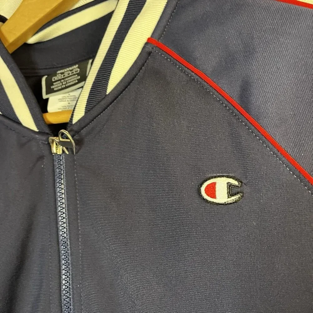 Women Jacket Track Champion‎ Med Blue Cropped Full Zip VTG Logo Casual Training